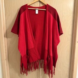 NWOT Cabi Flowy Red Color Block Fringe Poncho With Pockets